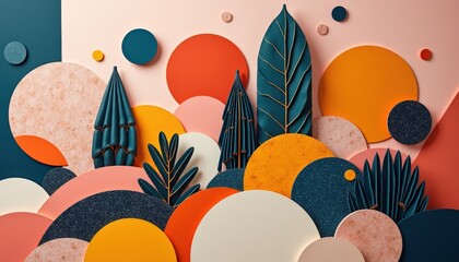 Abstract Geometric Shapes and Tropical Leaves in Warm Tones with Textured Circles and Soft Lighting
