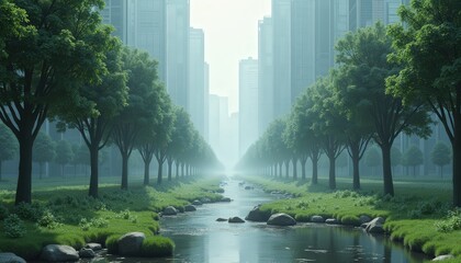 Urban Oasis Lined With Lush Green Trees and a Gentle Stream Leading Towards Futuristic Cityscape in Bright Sunlight