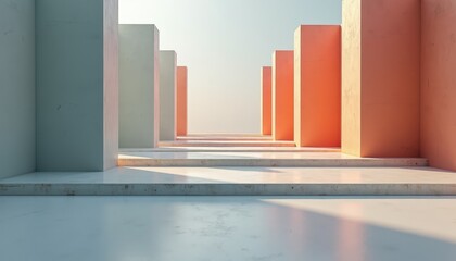 Abstract Architectural Corridor With Pastel Colored Walls And Sunlight Creating Geometric Shadows And Reflections