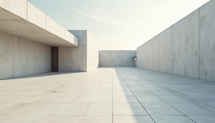 Modern Brutalist Architecture Courtyard with Concrete Walls and Natural Sunlight Casting Shadows Minimalist Outdoor