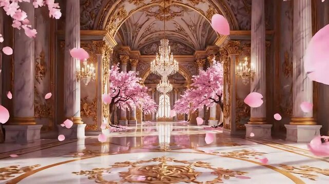 luxury hall in palace with pink trees illustration. seamless looping overlay virtual video animation background. 4k resolution video 30fps.