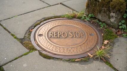 Metal Manhole Cover with Text "Repo Stop" on Urban Sidewalk