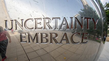 Reflection of Uncertainty and Embrace on a Shiny Sculpture