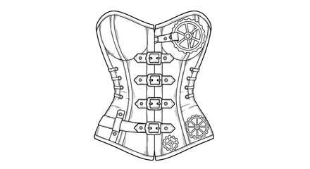Detailed line art illustration of a steampunk-inspired corset featuring buckles and gears.