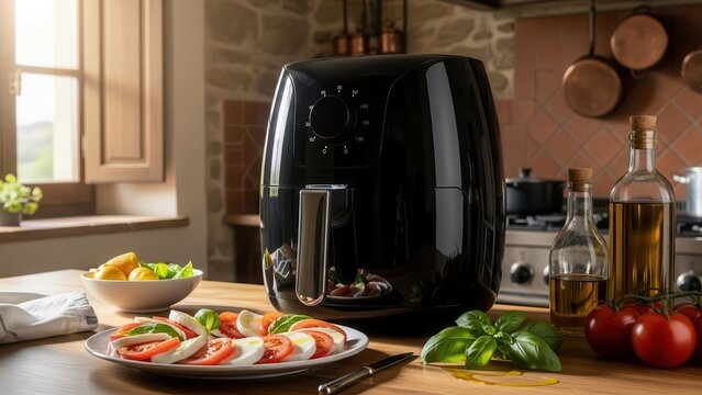 Sleek black air fryer positioned on a kitchen countertop next to a fresh Caprese salad and basil