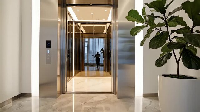 modern corridor with metal lift and plant. 4k resolution video 30fps.