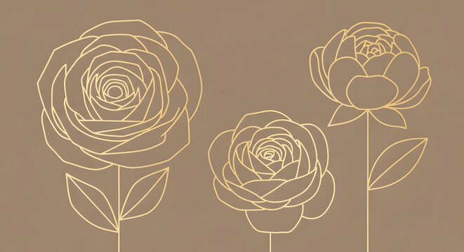 Abstract luxury floral background, stylized rose and peony forms reduced to geometric shapes, muted gold gradient lines on warm taupe background, modern art-deco influence, vector illustration, editor