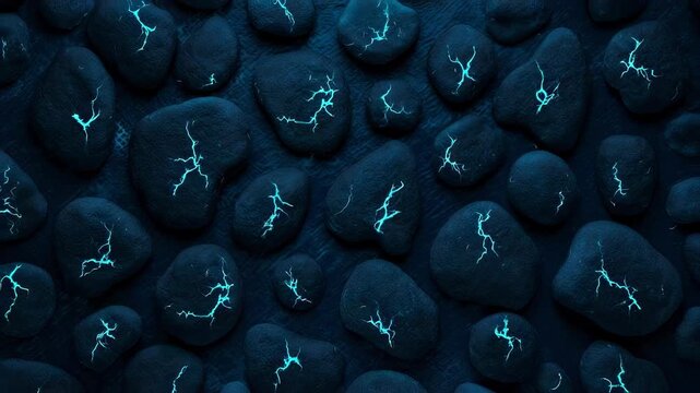 Dark, cracked stones with glowing teal energy patterns