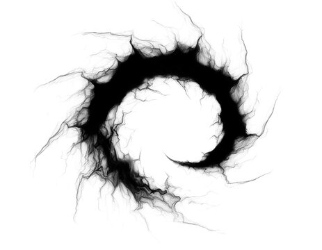 Abstract black smoke energy swirl with wispy electric tendrils isolated on white background, realistic dark magic spiral for gothic design, cinematic void vortex, and mystery light effect mockup