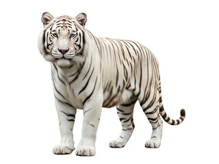Obraz premium White tiger standing and looking forward isolated on transparent background. Wildlife and nature conservation concept