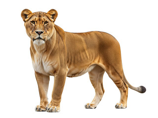 Obraz premium Lioness Standing Isolated on Transparent Background, symbolizing strength, wildlife, safari.