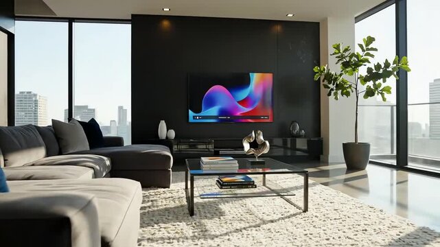 Modern living room with a large flat screen TV mounted on the wall facing a large sectional sofa. 4k resolution video 30fps.
