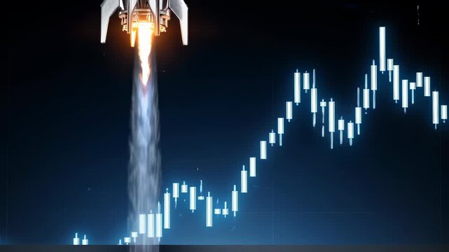 A metallic rocket launches with fiery exhaust, overlayed with a glowing stock market graph