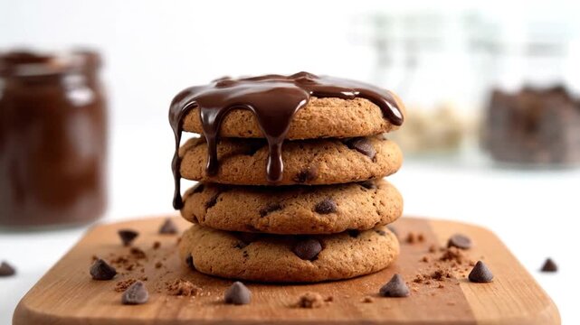 Stack of chocolate chip cookies with chocolate sauce on top.