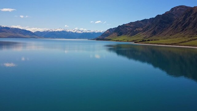 Lake Hawea rising aerial drone footage from middle of lake