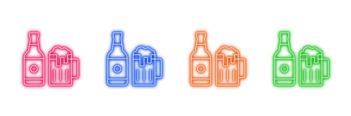 Neon glowing beer bottle and mug vector icons set, alcohol, beverage, drink, pub, bar, celebration, nightlife, vibrant colorful digital design on transparent background.