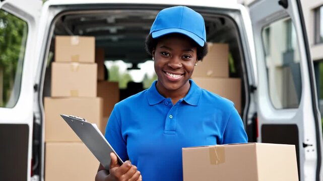 Smiling delivery woman holding clipboard and cardboard box standing in front of open van