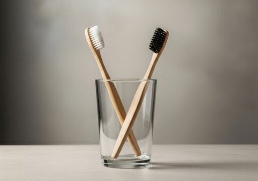 Two toothbrushes in a glass on a table with grey background