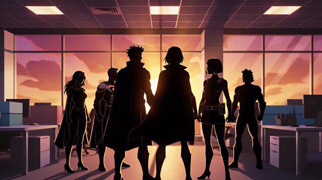 Four superheroes silhouetted against city sunset in modern office