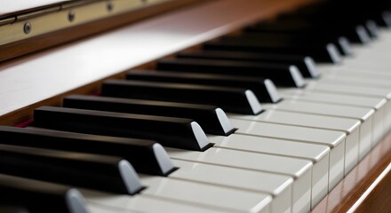 Close up of classic wooden piano keys and keyboard