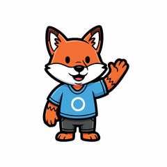 Cartoon Fox Character Waving Hand Wearing Blue Shirt and Gray Shorts.