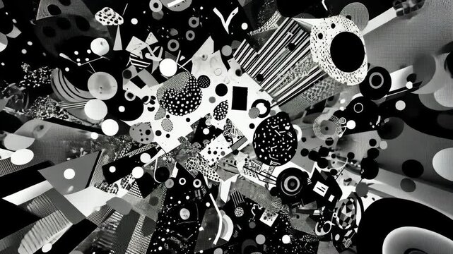 Monochrome abstract geometric artwork featuring overlapping shapes, textures, and patterns