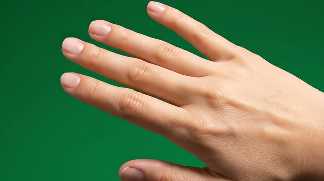 Close-up of a Caucasian Hand Extended Against a Green Background, Palm Open, Demonstrating Humanity, Neutral Light, Studio Shot, Detail Orientation