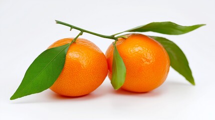 Two fresh mandarin oranges with green leaves isolated on pure white background, traditional chinese new year celebration 