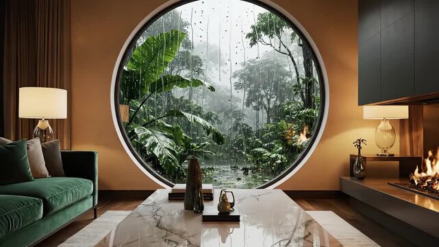 stream overlay animation backgrounds, live wallpapers, seamless loop. Cozy luxury living room round window with jungle rain view. vtuber streamer gaming asset, zoom screen. Chill hip hop study video.