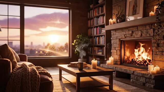 stream overlay loop animation, virtual backgrounds, wallpaper, cozy lo fi living room, vtuber asset twitch zoom OBS screen, anime chill hip hop. 4k resolution video 30fps.