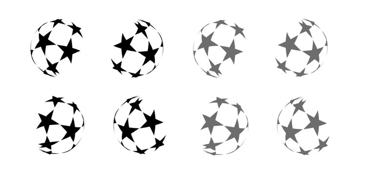 Abstract 3D football star ball vector illustrations collection with various perspective angles and grayscale gradients for soccer tournament branding 