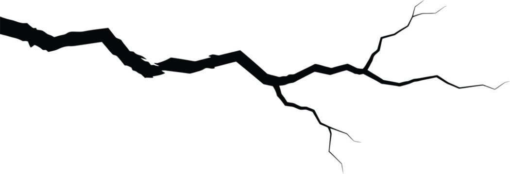 Long  crack fracture isolated on white background with broken ground texture. Abstract damaged line symbolizing stress, separation, disaster, or destruction. Minimal graphic element ideal .
