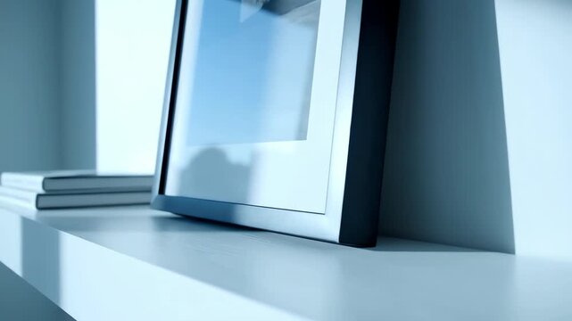 Video mockup of black canvas or picture frame for small poster in shelf in white minimalistic interior. With cold day light. 4k resolution video 30fps.