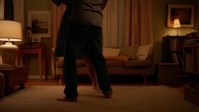 Couple dancing barefoot in a slow, intimate embrace in their cozy living room at night concept of spontaneous romance and domestic closeness