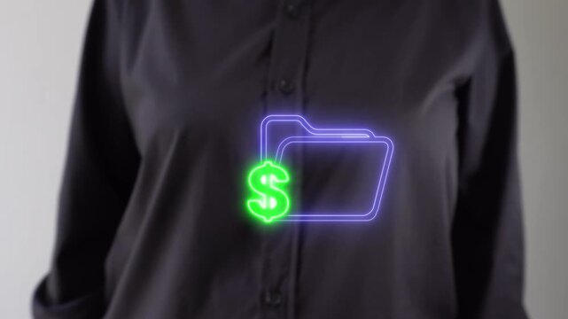 Financial document management. Businessperson pointing to a virtual folder icon with a money symbol.