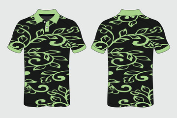 Stylish Polo Shirt with Green Leaf Pattern on Black Background for Casual Wear