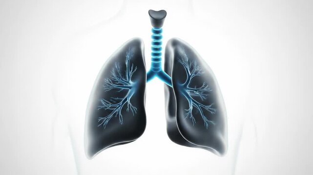 Anatomical Illustration of Human Lungs with Bronchial Tree in Blue. Sick Lungs 