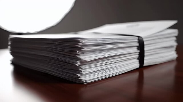 Stack of White Envelopes Tied With Black Band on Wooden Desk Dramatic Lighting