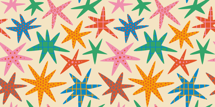 Colorful hand drawn star seamless pattern illustration. Creative maximalist stars doodle art background for children birthday celebration, fun party event or vintage style decoration. 