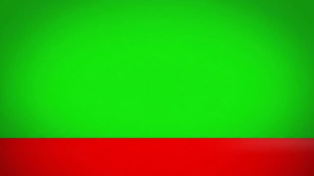 Bold stage, bright green backdrop fades at the top. Solid red floor is glossy and reflects light, modern abstract look, inviting presentation space.