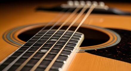 Fototapeta premium Close-up of acoustic guitar strings, fretboard, and soundhole