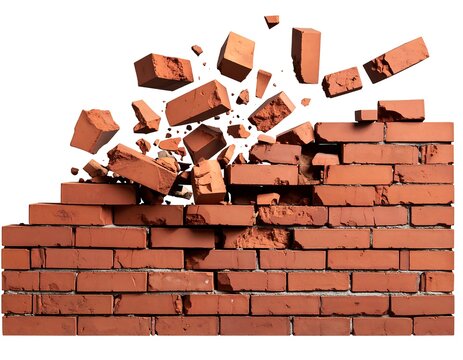 Red Brick Wall Destruction Explosion Debris.