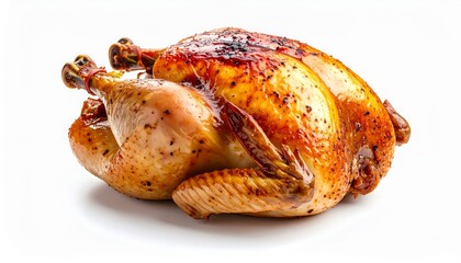 Whole Roasted Chicken with Crispy Golden Skin on White Background.