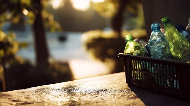 Empty plastic bottles sit in a basket in warm, dappled sunlight