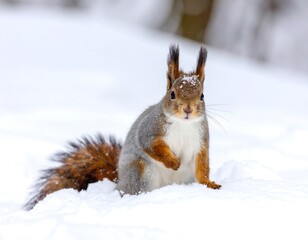 Red Squirrel in Snow.