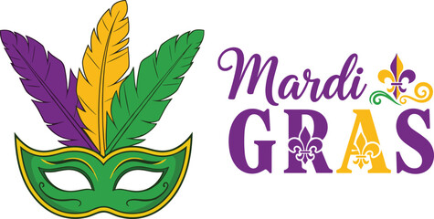 Festive Mardi Gras celebration vector illustration featuring an ornate green masquerade mask with colorful feathers fleur de lis symbols and decorative purple typography on white. © Ajmira