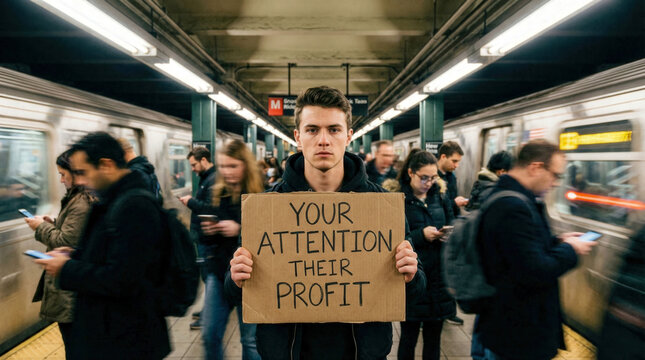 A determined individual stands amid a bustling subway, holding a sign that challenges consumer culture. Emphasizing the cost of distraction.
