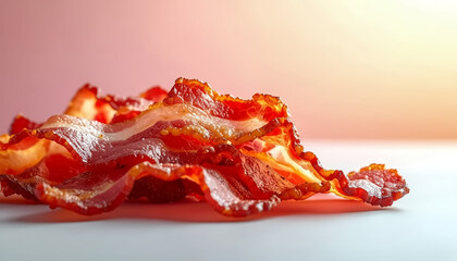 Crispy bacon pieces scattered across clean gradient background