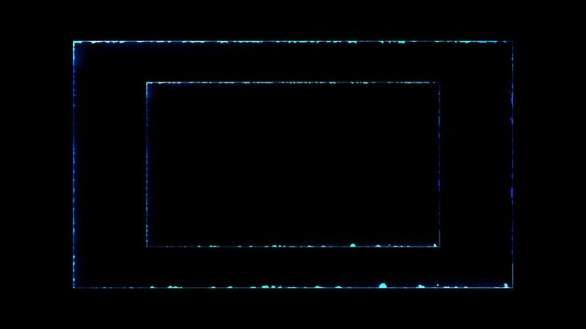 Abstract glowing neon rectangular frames on a dark background with particle effects