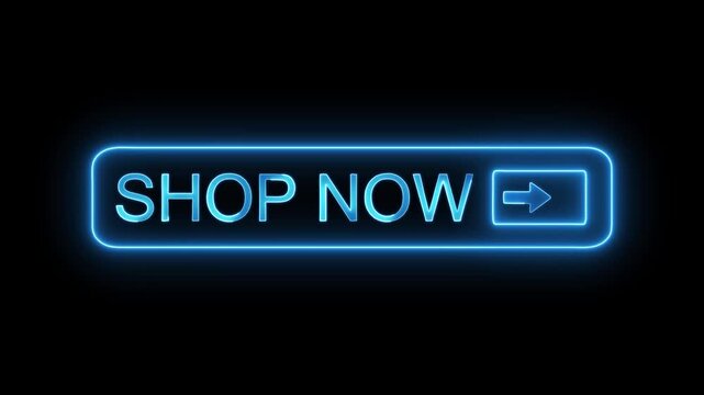 Shop now glowing neon blue button with pulsating light effect and arrow icon for online retail
